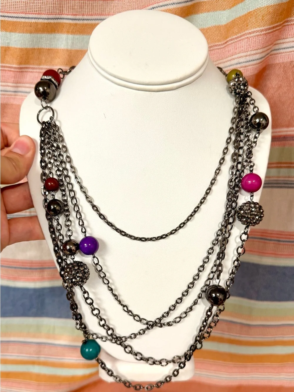 Avon Gunmetal Multi-Color Beaded Multi-Strand Necklace + Earring Set